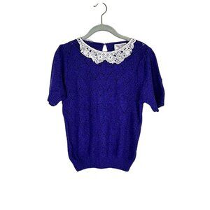 Retro Knit Sweater Chevron M Blue Floral Lace Chic Preppy Classic Neutral 80s